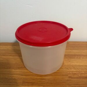 Tupperware Servalier Canister 264-20 Red Lid 227-26 Vintage Clear Round Good